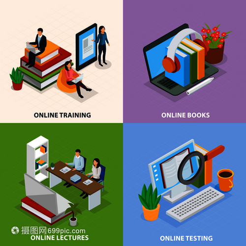 線教育等距理念,網(wǎng)絡(luò)培訓(xùn),電子書(shū)籍,互聯(lián)網(wǎng)講座,知識(shí)測(cè)試孤立矢量插圖線教育等距